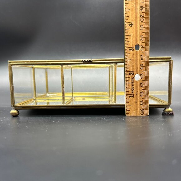 Vintage Glass Mirrored Jewelry Box Brass Etched Floral Mexico Storage Vanity - Picture 13 of 13